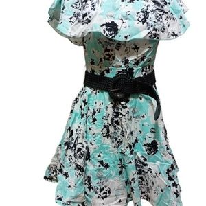 Rwish Dress with attached tulle Sz Small Aqua White Black Floral
